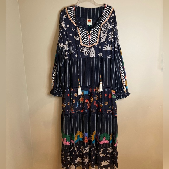 NEW RARE FARM Rio Black Mixed Prints Embroidered Maxi Dress Beaded Tropical XL - Picture 5 of 16